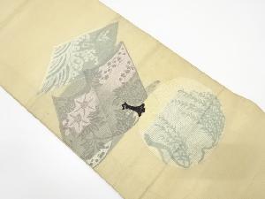 アンティーク　絽紗　読み本に草花・団扇模様織り出し丸帯（材料）